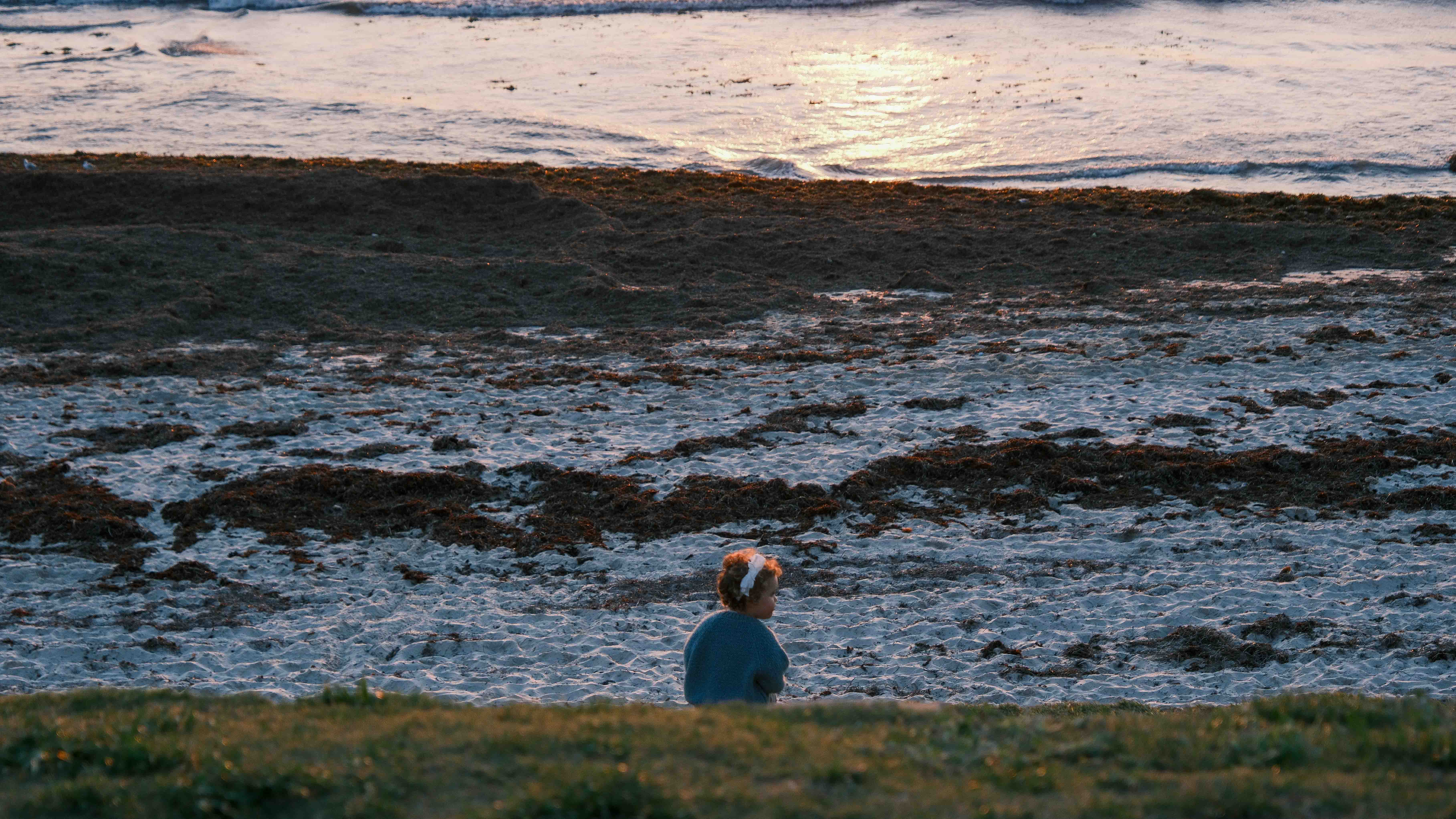A person resting alone beside the beach in the evening light