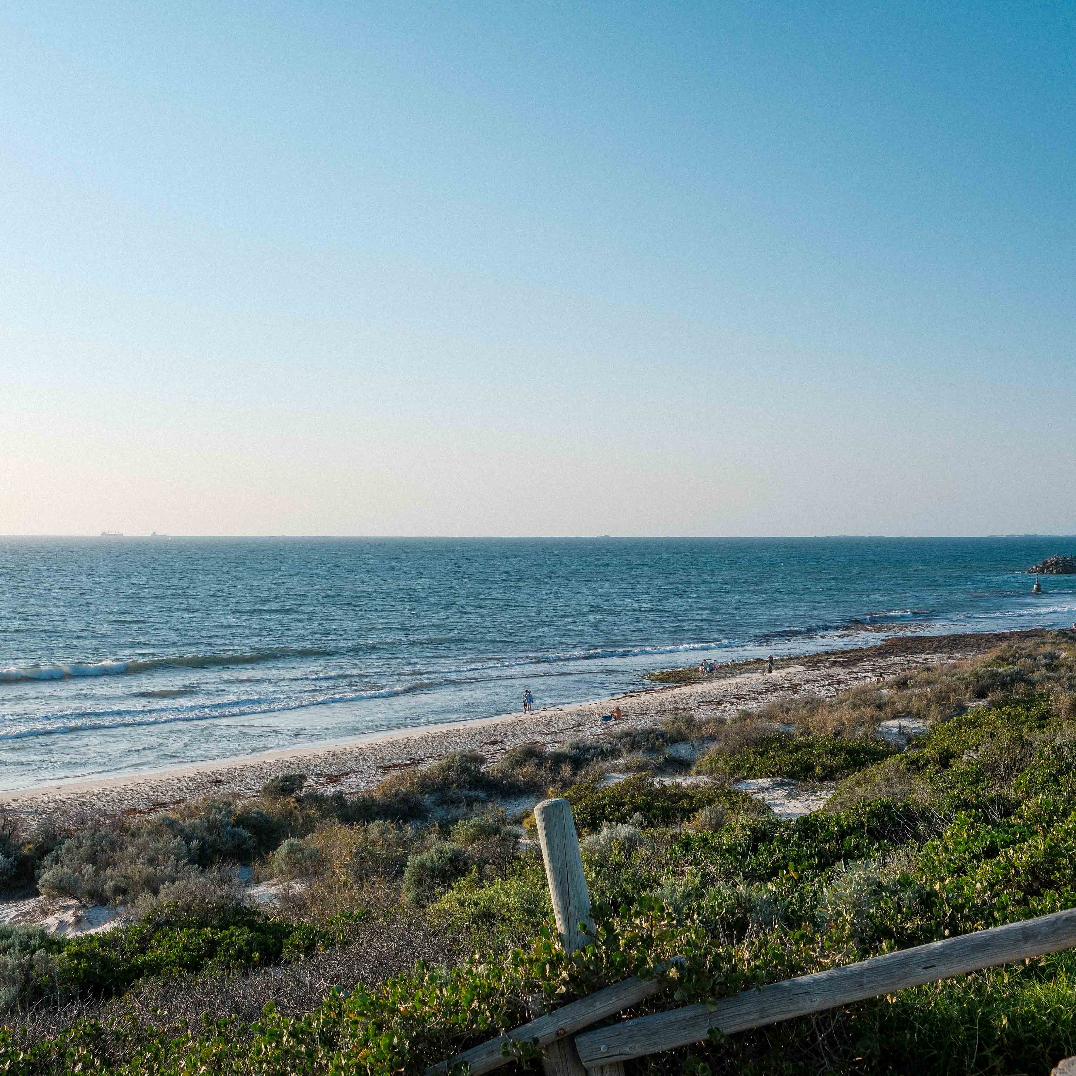 An open view across the beach and sea